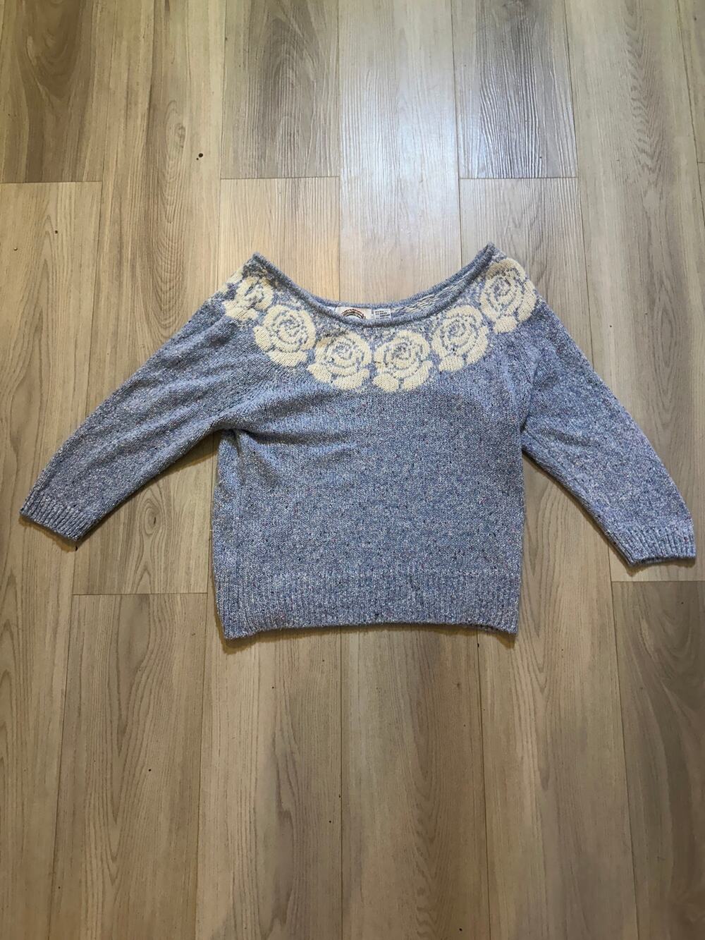 VTG 80s Eclipse Silk Angora Rose Intarsia Sweater Off Shoulder Confetti M